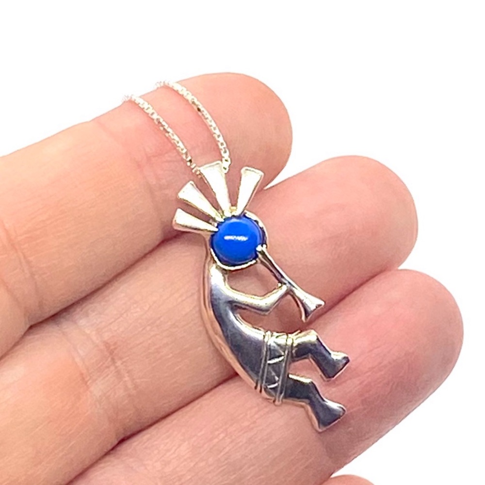Sterling Silver JC Kokopelli Pendant Necklace with Blue Lapis on Box Chain